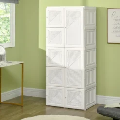 HOMCOM Portable Wardrobe Closet, Folding Bedroom Armoire, Clothes Storage Organizer With Cube Compartments, Hanging Rod, Magnet Doors, White