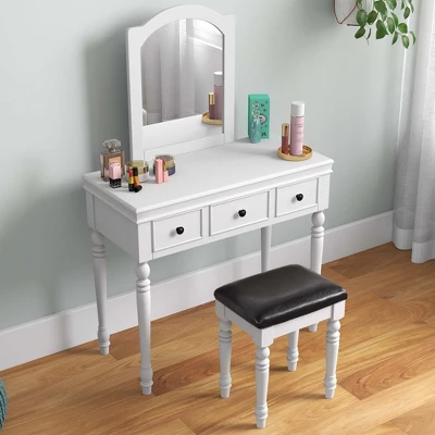 Costway Vanity Table Set Makeup Desk Cushioned Stool 3 Drawer Large Mirror White/Walnut 4 Costway Vanity Table Set Makeup Desk Cushioned Stool 3 Drawer Large Mirror White/Walnut - Image 2
