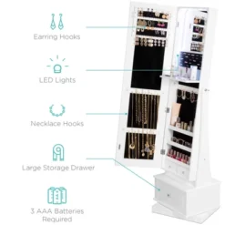 Best Choice Products 360 Swivel Standing Mirrored Jewelry Cabinet, LED-Lit Makeup Organizer W/ Mirror - White 11 Best Choice Products 360 Swivel Standing Mirrored Jewelry Cabinet, LED-Lit Makeup Organizer W/ Mirror - White -Bedroom Home Store GUEST 8101c648 c246 41fe a99d 84d5be6ee48a