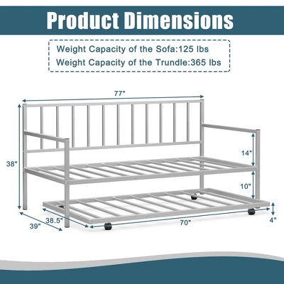 Costway Twin Metal Daybed With Roll Out Trundle Heavy Duty Frame Sofa Bed Set 6 Costway Twin Metal Daybed With Roll Out Trundle Heavy Duty Frame Sofa Bed Set - Image 4