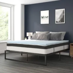 Emma And Oliver Complete Bed Set: Metal Platform Frame; Hybrid Pocket Spring Mattress In A Box And Cool Gel Memory Foam Topper