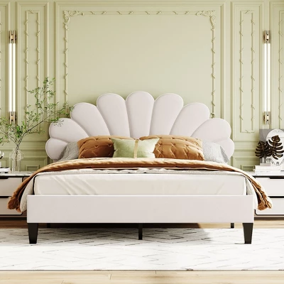 Upholstered Wood Platform Bed With Flower Pattern Velvet Headboard-ModernLuxe 4 Upholstered Wood Platform Bed With Flower Pattern Velvet Headboard-ModernLuxe - Image 2