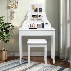 Tangkula Make-Up Vanity Table Dresser Set W/LED Light & Padded Stool