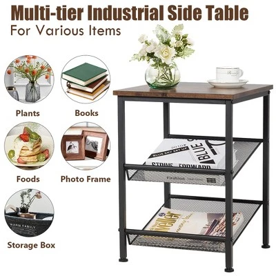 Costway Set Of 2 3-Tier Industrial End Side Table Nightstand W/2 Adjustable Shelves 7 Costway Set Of 2 3-Tier Industrial End Side Table Nightstand W/2 Adjustable Shelves - Image 5
