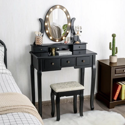 Costway Vanity Set Makeup Dressing Table W/5 Drawers 12 LED Bulb Black 4 Costway Vanity Set Makeup Dressing Table W/5 Drawers 12 LED Bulb Black - Image 2