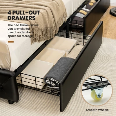 Costway Upholstered Platform Bed W/ 4 Drawers PU Leather Button Tufted Headboard 8 Costway Upholstered Platform Bed W/ 4 Drawers PU Leather Button Tufted Headboard - Image 6