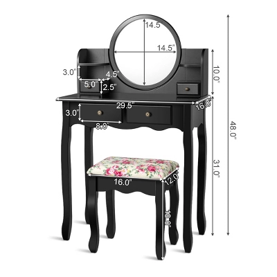 Tangkula Vanity Table Set W/Detachable Mirror & Stool Black/White 4 Tangkula Vanity Table Set W/Detachable Mirror & Stool Black/White - Image 2