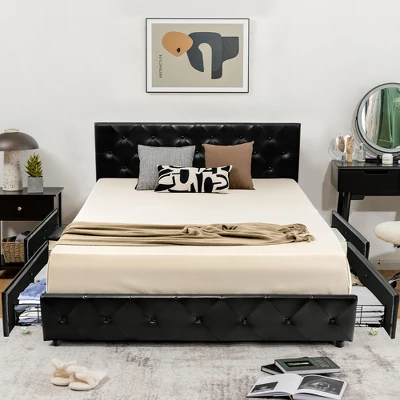 Costway Upholstered Platform Bed W/ 4 Drawers PU Leather Button Tufted Headboard 12 Costway Upholstered Platform Bed W/ 4 Drawers PU Leather Button Tufted Headboard - Image 10