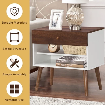 Costway Nightstand End Side Table Drawer Storage Shelf Mid-Century Rubber Wood Leg 6 Costway Nightstand End Side Table Drawer Storage Shelf Mid-Century Rubber Wood Leg - Image 4