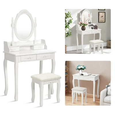Costway Vanity Wood Makeup Dressing Table Stool 4 Drawers Black/White 5 Costway Vanity Wood Makeup Dressing Table Stool 4 Drawers Black/White - Image 3