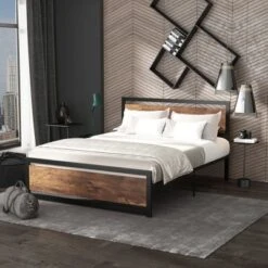 HOMCOM Queen Platform Bed Frame With Headboard & Footboard, Strong Metal Slat Support Full Bed Frame W/ Underbed Storage Space, No Box Spring Needed, 63''x82''x40.5''