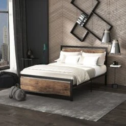 HOMCOM Full Platform Bed Frame With Headboard & Footboard, Strong Metal Slat Support Full Bed Frame W/ Underbed Storage Space, No Box Spring Needed