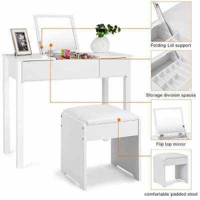 Costway White Vanity Dressing Table Furniture Stool Storage Box 4 Costway White Vanity Dressing Table Furniture Stool Storage Box - Image 2