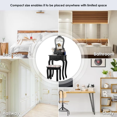 Tangkula Vanity Mirror Makeup Dressing Table Set W/ Stool Drawer Wood Desk 5 Tangkula Vanity Mirror Makeup Dressing Table Set W/ Stool Drawer Wood Desk - Image 3