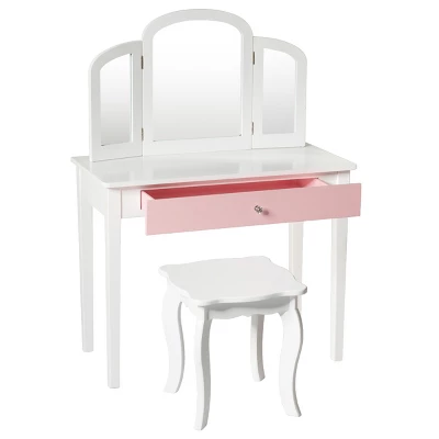 Costway Kids Vanity Set Princess Makeup Dressing Play Table Set W/Mirror White Pink 3 Costway Kids Vanity Set Princess Makeup Dressing Play Table Set W/Mirror White Pink