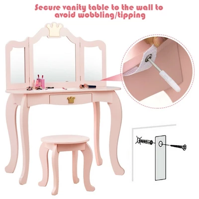 Costway Kids Makeup Dressing Table Chair Set Princess Vanity & Tri-folding Mirror 9 Costway Kids Makeup Dressing Table Chair Set Princess Vanity & Tri-folding Mirror - Image 7