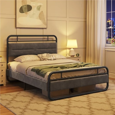 Yaheetech Metal Platform Bed Frame With Velvet Upholstered Headboard 4 Yaheetech Metal Platform Bed Frame With Velvet Upholstered Headboard - Image 2