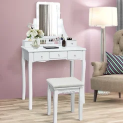 Tangkula LED Vanity Table Makeup Dresser Desk W/Drawers &Cushioned Stool Black/Brown/White