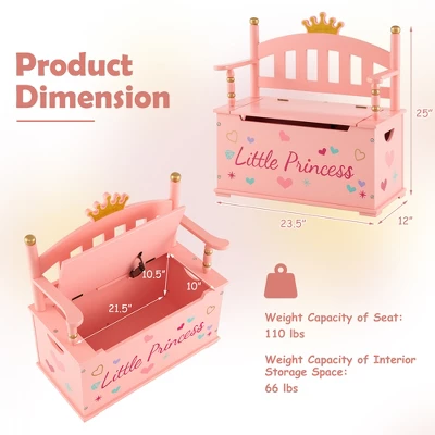 Costway Kids Princess Wooden Bench Seat Toy Box Storage Organizer Children Playroom Pink 4 Costway Kids Princess Wooden Bench Seat Toy Box Storage Organizer Children Playroom Pink - Image 2