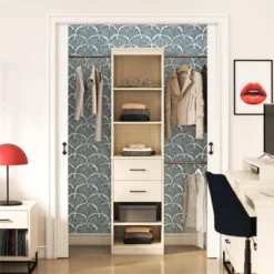 Bedroom Home Store 5 Kelly 5 Shelf 2 Drawer Closet Organizer With 3 Adjustable Hanging Rods Ivory Oak - Novogratz