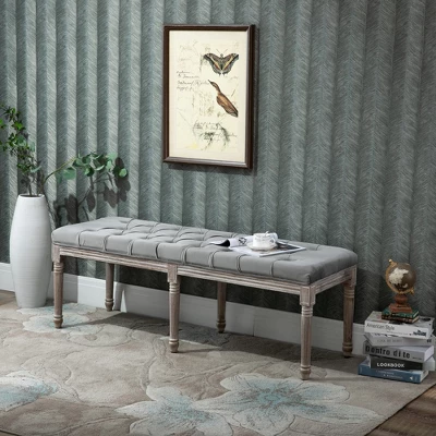 HOMCOM Sitting Bench Tufted Upholstered Fabric Ottoman With Rubberwood Legs For Living Room, Bedroom, Hallway, Grey 4 HOMCOM Sitting Bench Tufted Upholstered Fabric Ottoman With Rubberwood Legs For Living Room, Bedroom, Hallway, Grey - Image 2