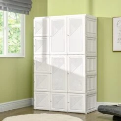 HOMCOM Portable Wardrobe Closet, Bedroom Armoire, Foldable Clothes Organizer With Cube Storage, Hanging Rods, And Magnet Doors, White