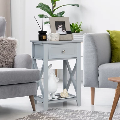 Costway Bedside Sofa End Table Nightstand With Drawer For Living Room Bedroom Grey/Black/White 4 Costway Bedside Sofa End Table Nightstand With Drawer For Living Room Bedroom Grey/Black/White - Image 2