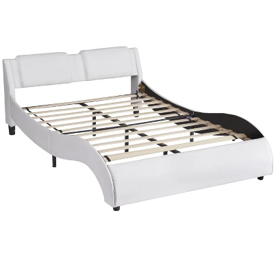 Upholstered Faux Leather Platform Bed With LED Light Bed Frame With Slatted-ModernLuxe 4 Upholstered Faux Leather Platform Bed With LED Light Bed Frame With Slatted-ModernLuxe - Image 2