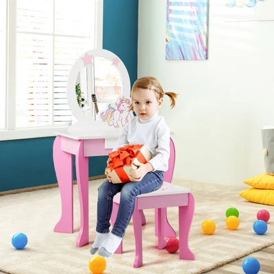 Costway Kids Vanity Makeup Dressing Table Chair Set Wooden W/ Mirror Drawer 5 Costway Kids Vanity Makeup Dressing Table Chair Set Wooden W/ Mirror Drawer - Image 3