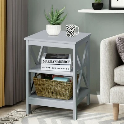 Costway 3-Tier Nightstand End Table X Design Storage Display Shelf Living Room Grey 5 Costway 3-Tier Nightstand End Table X Design Storage Display Shelf Living Room Grey - Image 3
