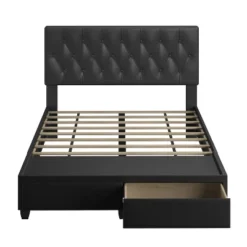 Full Veronica Tufted Faux Leather Upholstered Platform Bed With Storage Drawers Black - Eco Dream