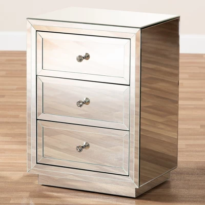 Baxton Studio Lina Mirrored 3 Drawer Nightstand Bedside Table Silver - BaxtonStudio 5 Baxton Studio Lina Mirrored 3 Drawer Nightstand Bedside Table Silver - BaxtonStudio - Image 3