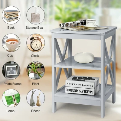 Costway 3-Tier Nightstand End Table X Design Storage Display Shelf Living Room Grey 8 Costway 3-Tier Nightstand End Table X Design Storage Display Shelf Living Room Grey - Image 6