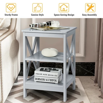 Costway 3-Tier Nightstand End Table X Design Storage Display Shelf Living Room Grey 9 Costway 3-Tier Nightstand End Table X Design Storage Display Shelf Living Room Grey - Image 7