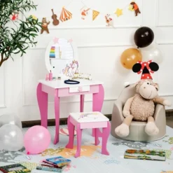 Costway Kids Vanity Makeup Dressing Table Chair Set Wooden W/ Mirror Drawer