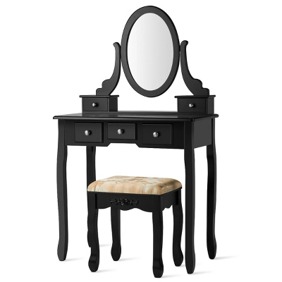 Tangkula Vanity Table Set W/ 360° Rotating Oval Mirror & Drawers Black/White 11 Tangkula Vanity Table Set W/ 360° Rotating Oval Mirror & Drawers Black/White - Image 10