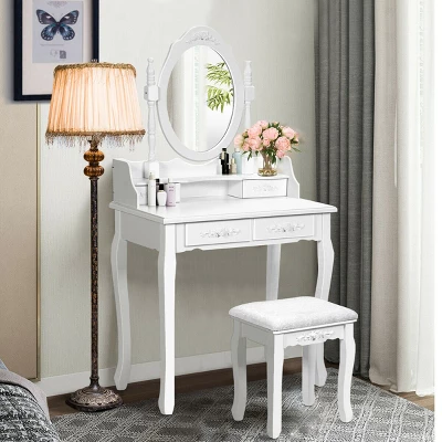 Costway Vanity Wood Makeup Dressing Table Stool 4 Drawers Black/White 4 Costway Vanity Wood Makeup Dressing Table Stool 4 Drawers Black/White - Image 2