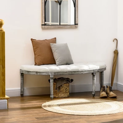 HOMCOM Vintage Semi-Circle Hallway Bench Tufted Upholstered Velvet-Touch Fabric Accent Seat With Rubberwood Legs, Off White 4 HOMCOM Vintage Semi-Circle Hallway Bench Tufted Upholstered Velvet-Touch Fabric Accent Seat With Rubberwood Legs, Off White - Image 2