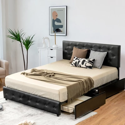 Costway Upholstered Platform Bed W/ 4 Drawers PU Leather Button Tufted Headboard 13 Costway Upholstered Platform Bed W/ 4 Drawers PU Leather Button Tufted Headboard - Image 11