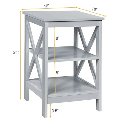 Costway 3-Tier Nightstand End Table X Design Storage Display Shelf Living Room Grey 3 Costway 3-Tier Nightstand End Table X Design Storage Display Shelf Living Room Grey