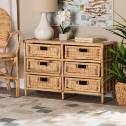 Dariana Rattan 6 Drawer Storage Cabinet Natural/Brown - Bali & Pari