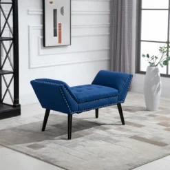 HOMCOM Modern Button Tufted Sitting Bench, Accent Fabric Upholstered Ottoman For Bedroom Or Living Room, Blue