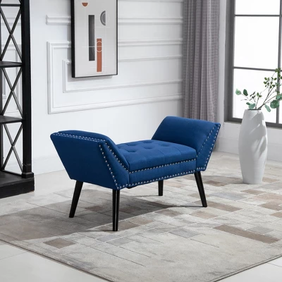 HOMCOM Modern Button Tufted Sitting Bench, Accent Fabric Upholstered Ottoman For Bedroom Or Living Room, Blue 3 HOMCOM Modern Button Tufted Sitting Bench, Accent Fabric Upholstered Ottoman For Bedroom Or Living Room, Blue