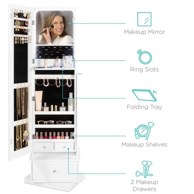 Best Choice Products 360 Swivel Standing Mirrored Jewelry Cabinet, LED-Lit Makeup Organizer W/ Mirror - White 5 Best Choice Products 360 Swivel Standing Mirrored Jewelry Cabinet, LED-Lit Makeup Organizer W/ Mirror - White - Image 3