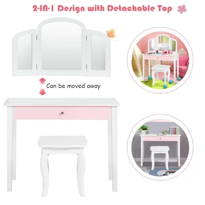 Costway Kids Vanity Set Princess Makeup Dressing Play Table Set W/Mirror White Pink 9 Costway Kids Vanity Set Princess Makeup Dressing Play Table Set W/Mirror White Pink - Image 7
