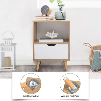 Sweetgo Modern Wooden Bedroom 2-Tier Nightstand End Side Table With Open Shelf, 4 Anti-Slip Rubber Padded Legs, & 1 Storage Drawer, Tan, Set Of 2 4 Sweetgo Modern Wooden Bedroom 2-Tier Nightstand End Side Table With Open Shelf, 4 Anti-Slip Rubber Padded Legs, & 1 Storage Drawer, Tan, Set Of 2 - Image 2