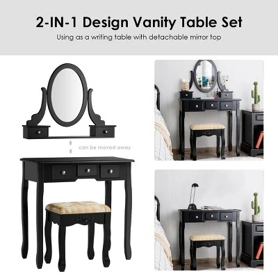 Tangkula Vanity Table Set W/ 360° Rotating Oval Mirror & Drawers Black/White 6 Tangkula Vanity Table Set W/ 360° Rotating Oval Mirror & Drawers Black/White - Image 5