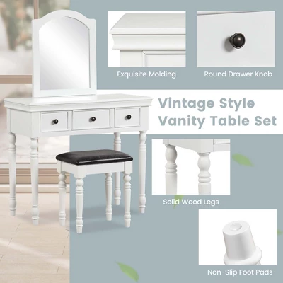 Costway Vanity Table Set Makeup Desk Cushioned Stool 3 Drawer Large Mirror White/Walnut 9 Costway Vanity Table Set Makeup Desk Cushioned Stool 3 Drawer Large Mirror White/Walnut - Image 7