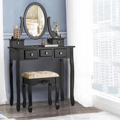 Tangkula Vanity Table Set W/ 360° Rotating Oval Mirror & Drawers Black/White 2 Tangkula Vanity Table Set W/ 360° Rotating Oval Mirror & Drawers Black/White