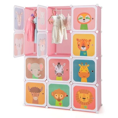 Costway 12-Cube Kids Wardrobe Baby Dresser Bedroom Armoire Clothes Hanging Closet With Door Blue/Pink 13 Costway 12-Cube Kids Wardrobe Baby Dresser Bedroom Armoire Clothes Hanging Closet With Door Blue/Pink - Image 11
